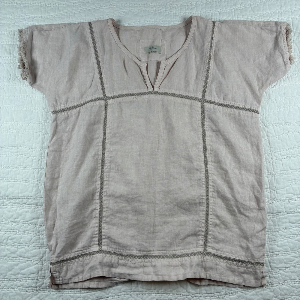 Wrap London 100% Linen Crochet Trim Top Split V Neck Pink Mauve Boho US 6. UK10